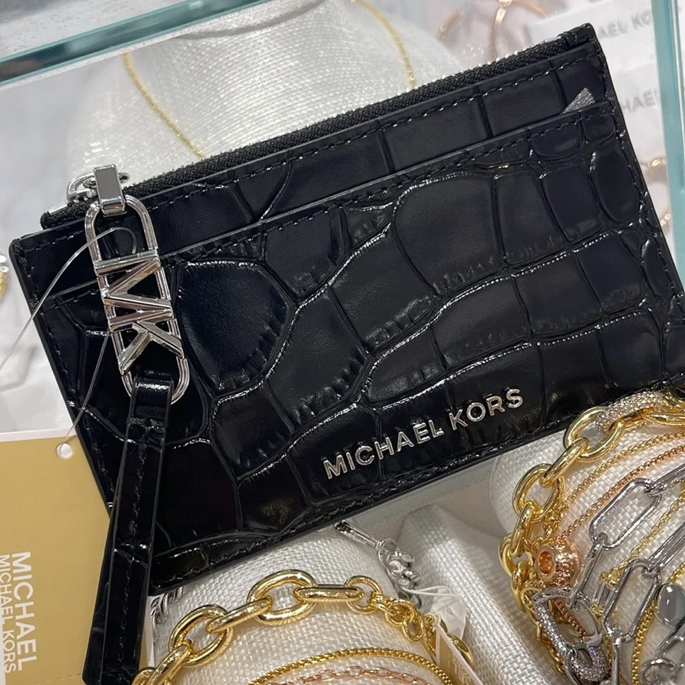 Michael Kors Empire Small Crocodile Embossed Leather Card Case Black  NWT